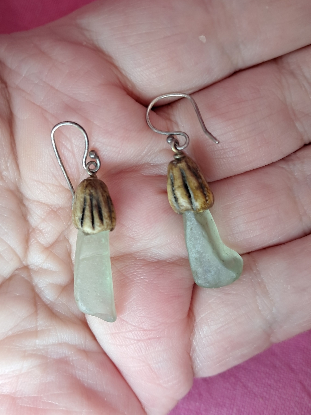 Artisan Green Sea Glass Dangle Earrings w/ Antler Caps (Silvertone)
